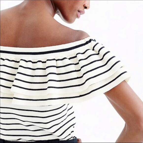 NWOT J. Crew Selena Navy Striped Off The Shoulder Ruffled Sweater Top S - Picture 4 of 9